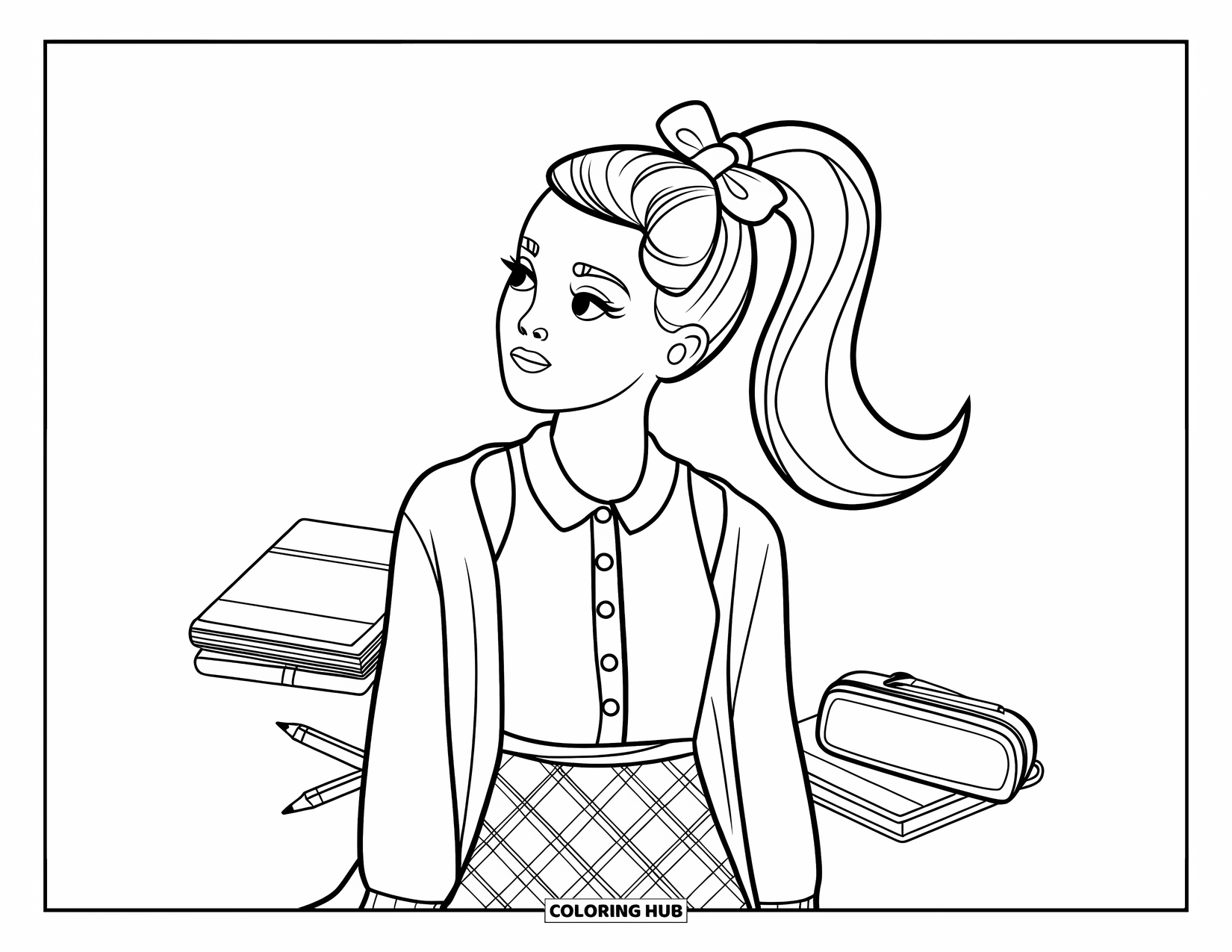 Preppy Girl Coloring Page for Kids: Preppy girl with a ponytail, scrunchie, and school supplies nearby