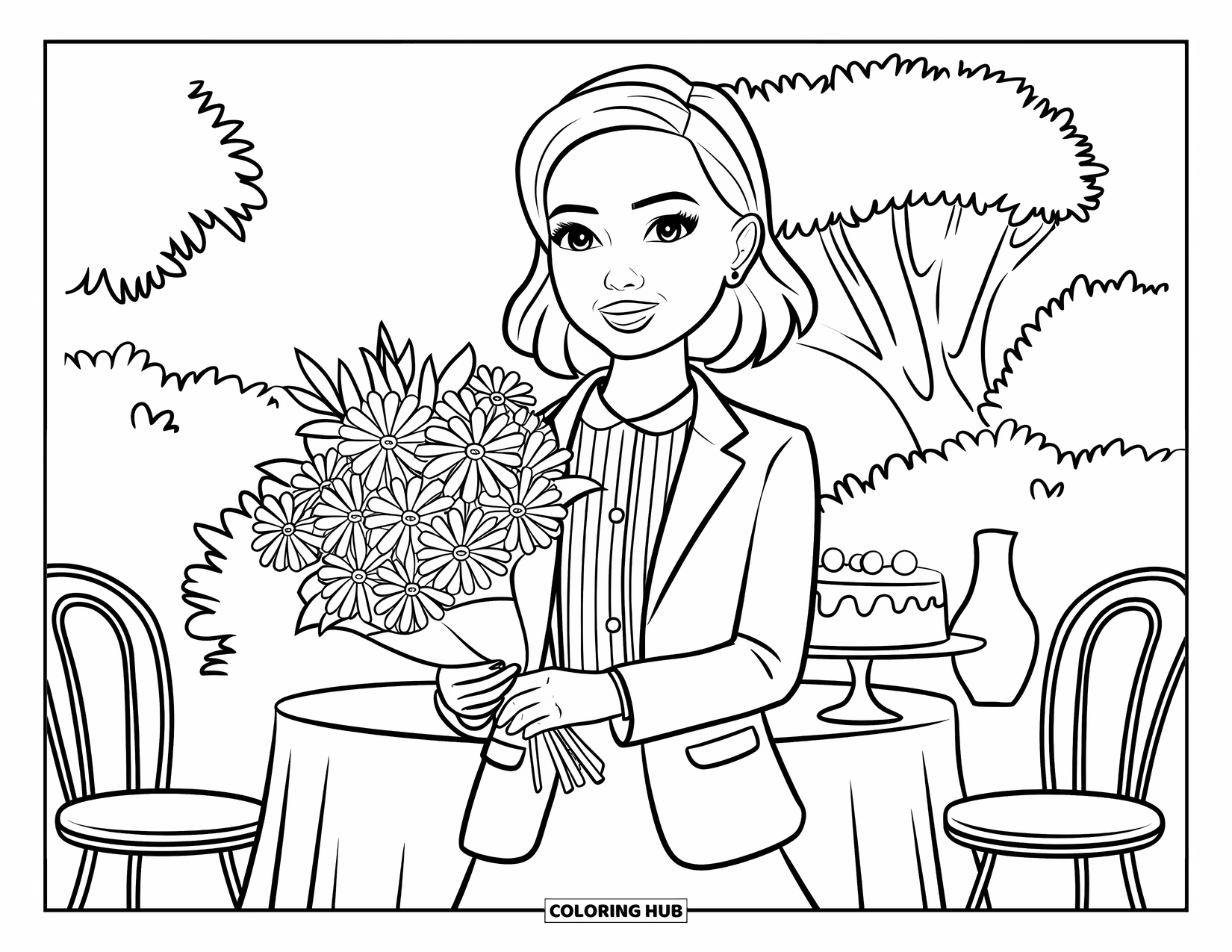 Preppy Girl Coloring Page for Kids: Preppy girl with bouquet at a party table with cake