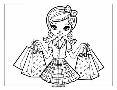 Omalovánka preppy dívky pro děti: Preppy dívka s copánky drží nákupní tašky