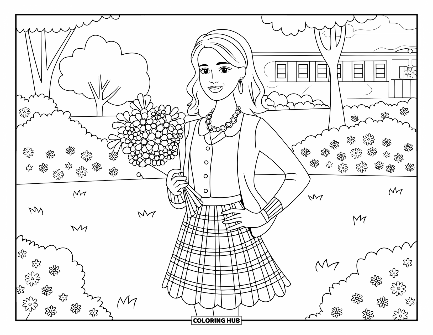 Preppy Girl Coloring Page for Kids: Preppy girl with cardigan holding flowers in a garden