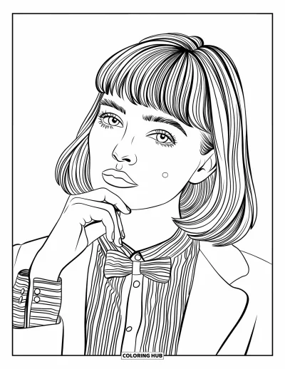 Omalovánka preppy dívky pro děti: Preppy dívka s ofinou, perlami a blejzrem