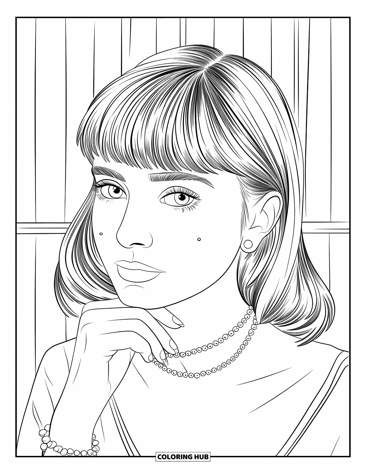 Preppy Girl Coloring Page for Kids: Preppy girl with curtain bangs resting her chin on her hand