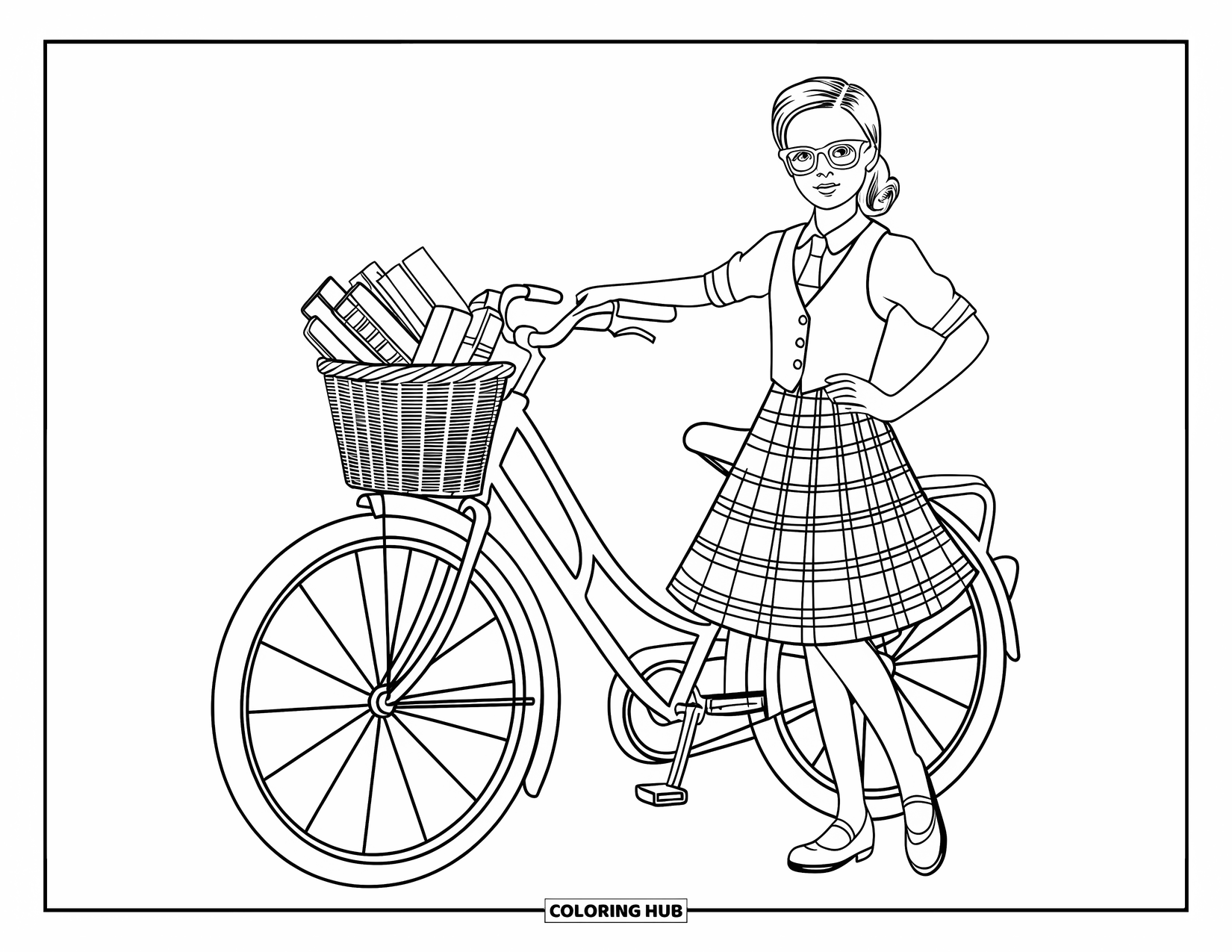 Preppy Girl Coloring Page for Kids: Preppy girl with glasses and bicycle basket filled with books