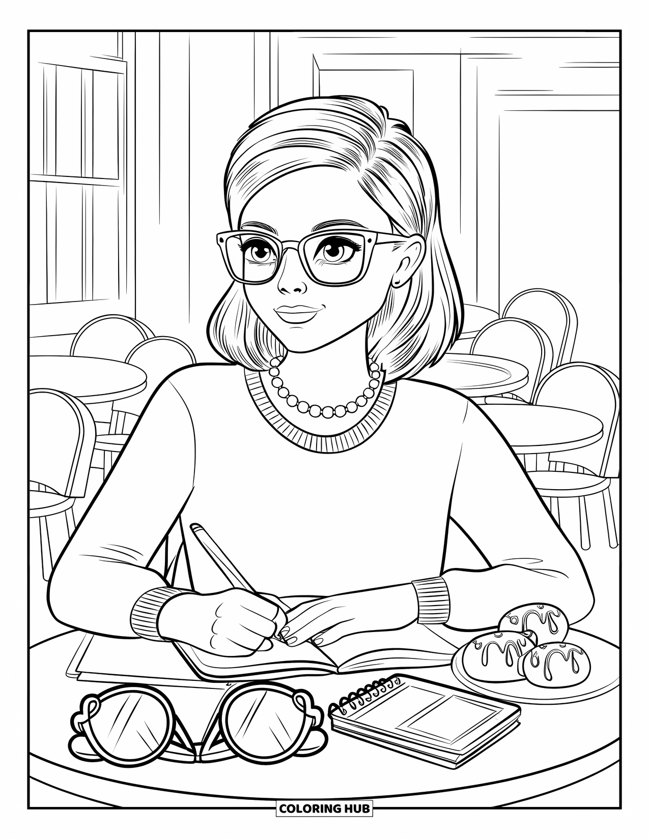 Preppy Girl Coloring Page for Kids: Preppy girl with glasses journaling at a cozy café