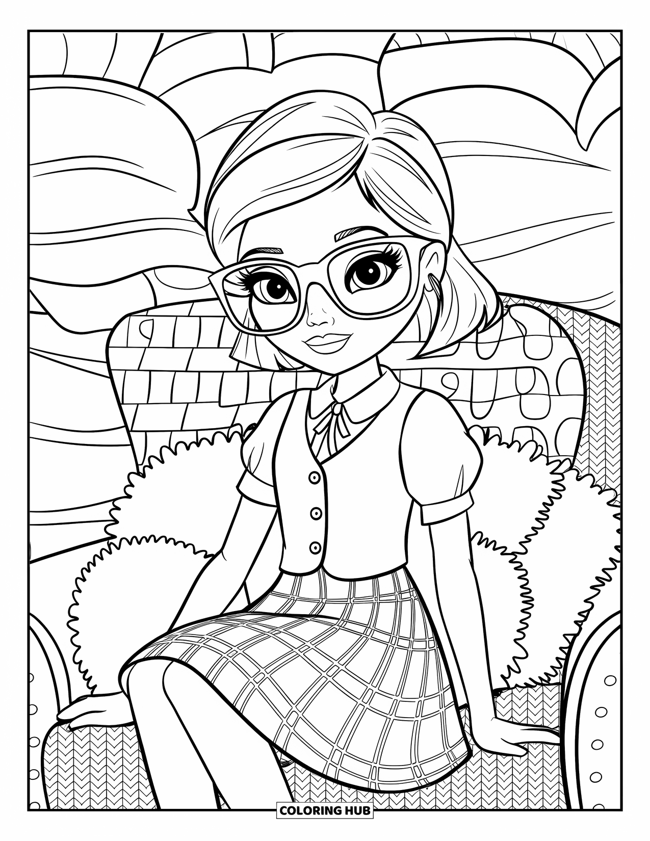 Preppy Girl Coloring Page for Kids: Preppy girl with glasses sitting and writing in her diary