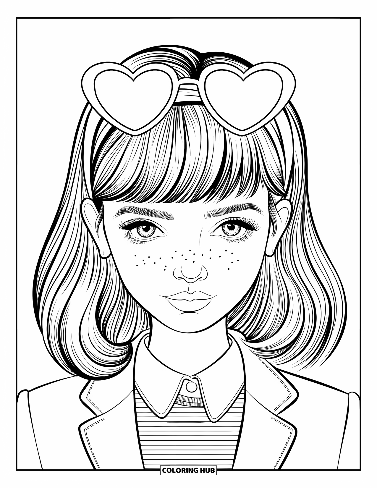 Preppy Girl Coloring Page for Kids: Preppy girl with headband, sunglasses, and a necktie