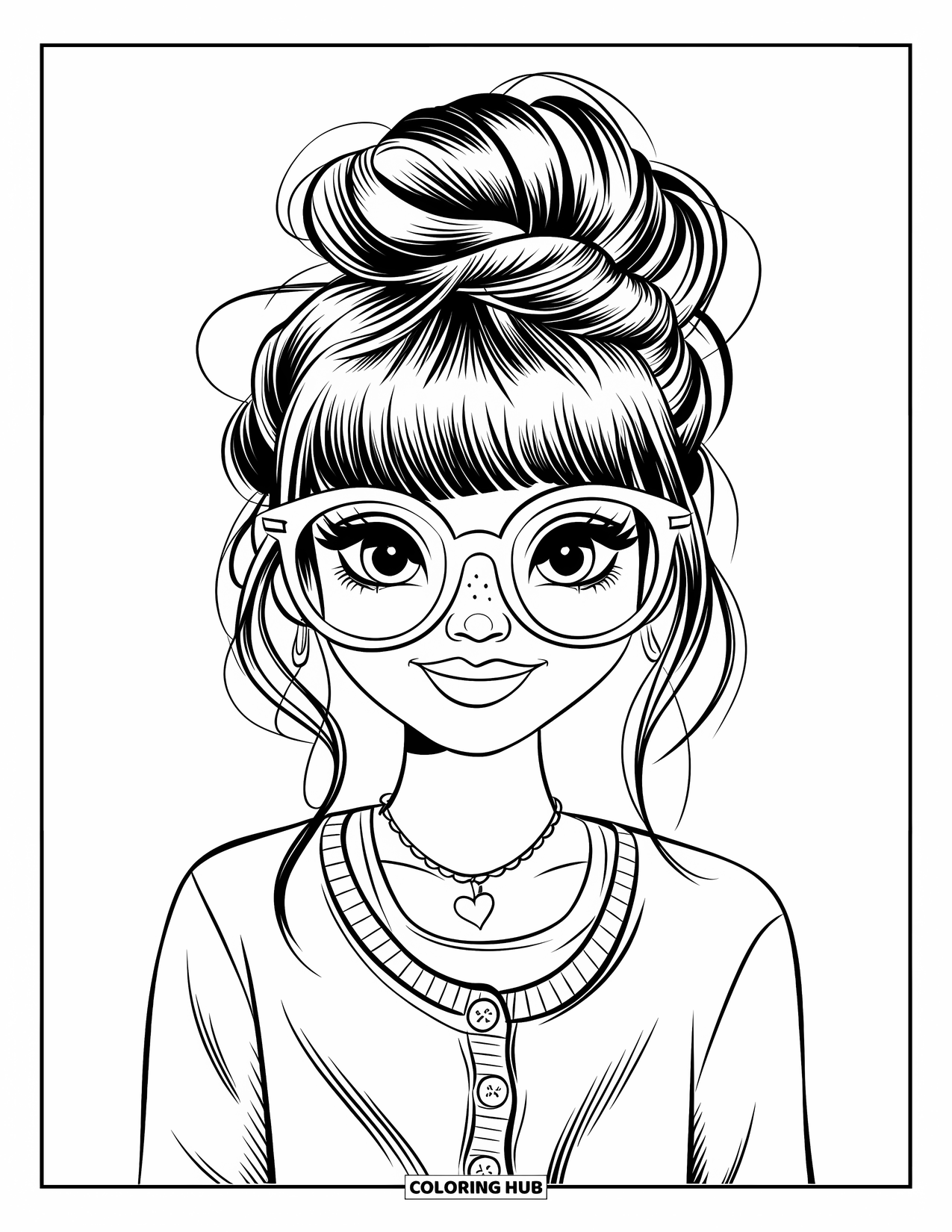 Preppy Girl Coloring Page for Kids: Preppy girl with messy bun, glasses, and heart necklace