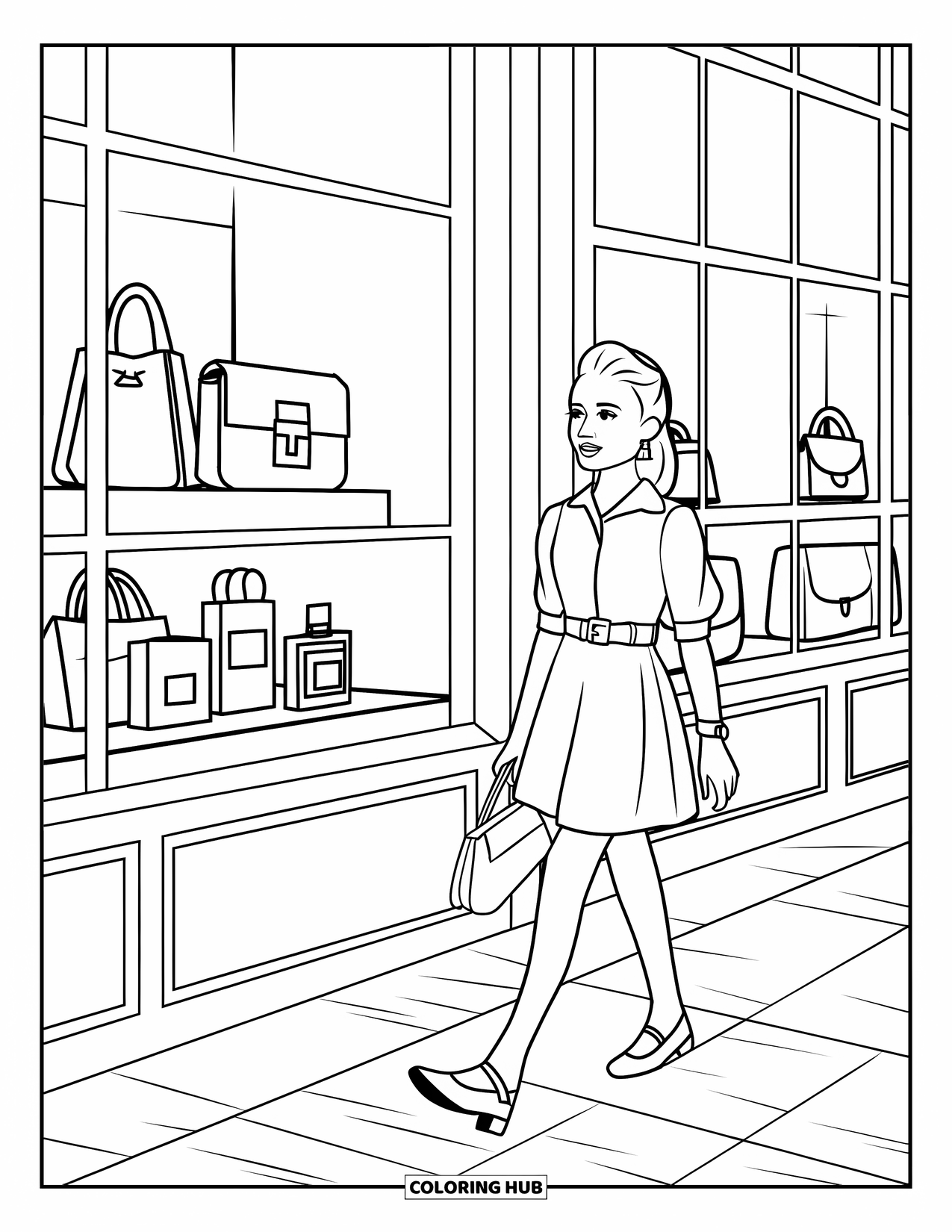 Preppy Girl Coloring Page for Kids: Preppy girl with purse walking past boutique store windows