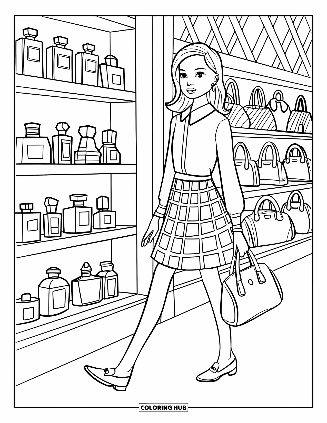 Preppy Girl Coloring Page for Kids: Preppy girl with satchel walking through boutique displays