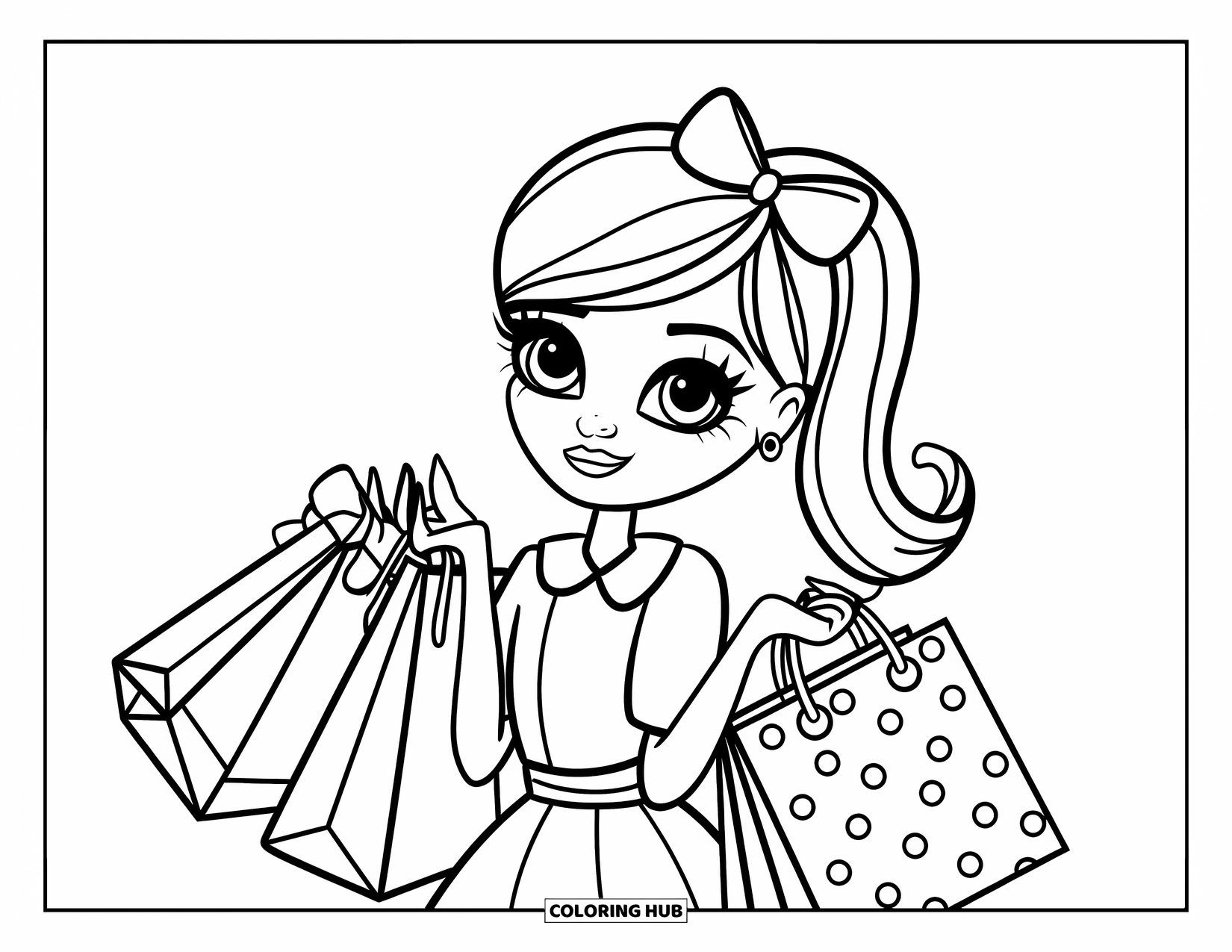 Preppy Girl Coloring Page for Kids: Preppy girl with shopping bags smiling against a plain background