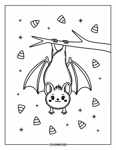 Preppy-Halloween-Ausmalbild für Erwachsene: Eine Fledermaus hängt an einem Ast mit schleifenverzierten Flügeln, Candy Corn und kleinen Sternen