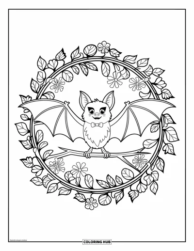 Preppy-Halloween-Ausmalbild für Erwachsene: Eine Fledermaus mit Fliege sitzt auf einem Ast, eingerahmt von Blumen und einem runden Blatt-Mandala