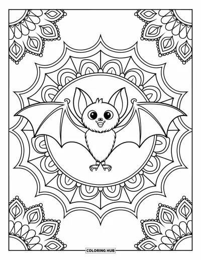 Preppy-Halloween-Ausmalbild für Erwachsene: Eine Fledermaus, umgeben von geschwungenen floralen Mustern und blattreichen Zierrändern
