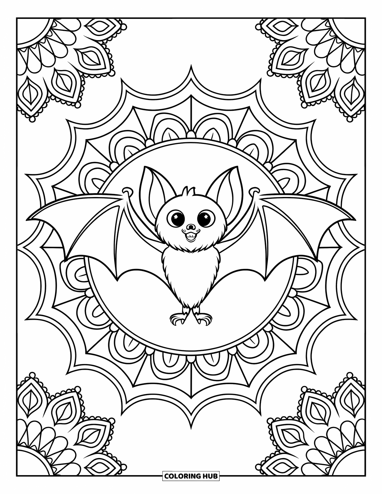 Preppy Halloween Coloring Page for Adults: Bat surrounded by swirling floral patterns and leafy decorative borders
