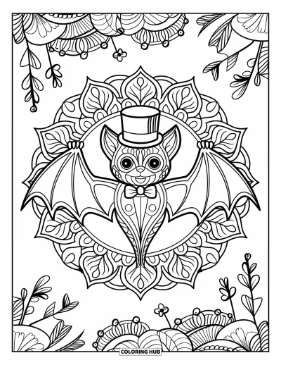 Preppy-Halloween-Ausmalbild für Erwachsene: Eine Fledermaus mit Zylinder und Fliege schwebt in einer blättrigen Mandala-Halloween-Szene