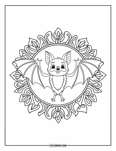 Preppy-Halloween-Ausmalbild für Erwachsene: Eine Fledermaus mit ausgebreiteten Flügeln in einem botanischen Mandala, eingerahmt von Blättern und Blütenformen