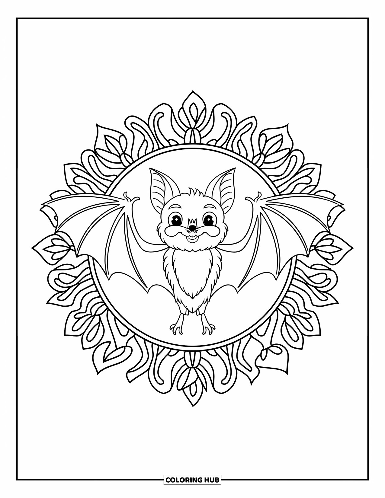 Preppy Halloween Coloring Page for Adults: Bat with open wings in a botanical mandala, framed by leaves and floral shapes