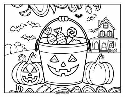 Preppy-Halloween-Ausmalbild für Erwachsene: Ein Süßigkeiteneimer mit Schleife, umgeben von Kürbissen und einem Spukhaus in Mandala-Wirbeln