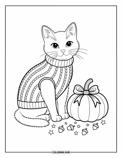 Preppy-Halloween-Ausmalbild für Erwachsene: Eine Katze im Zopfmuster-Pullover neben einem Kürbis mit Schleife und verstreuten Herbsteicheln