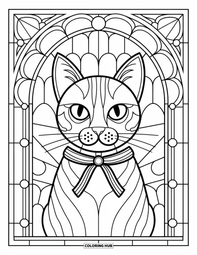 Preppy-Halloween-Ausmalbild für Erwachsene: Eine Katze mit Schleifenhalsband sitzt unter Buntglas-Bögen und blättrigen Mustern