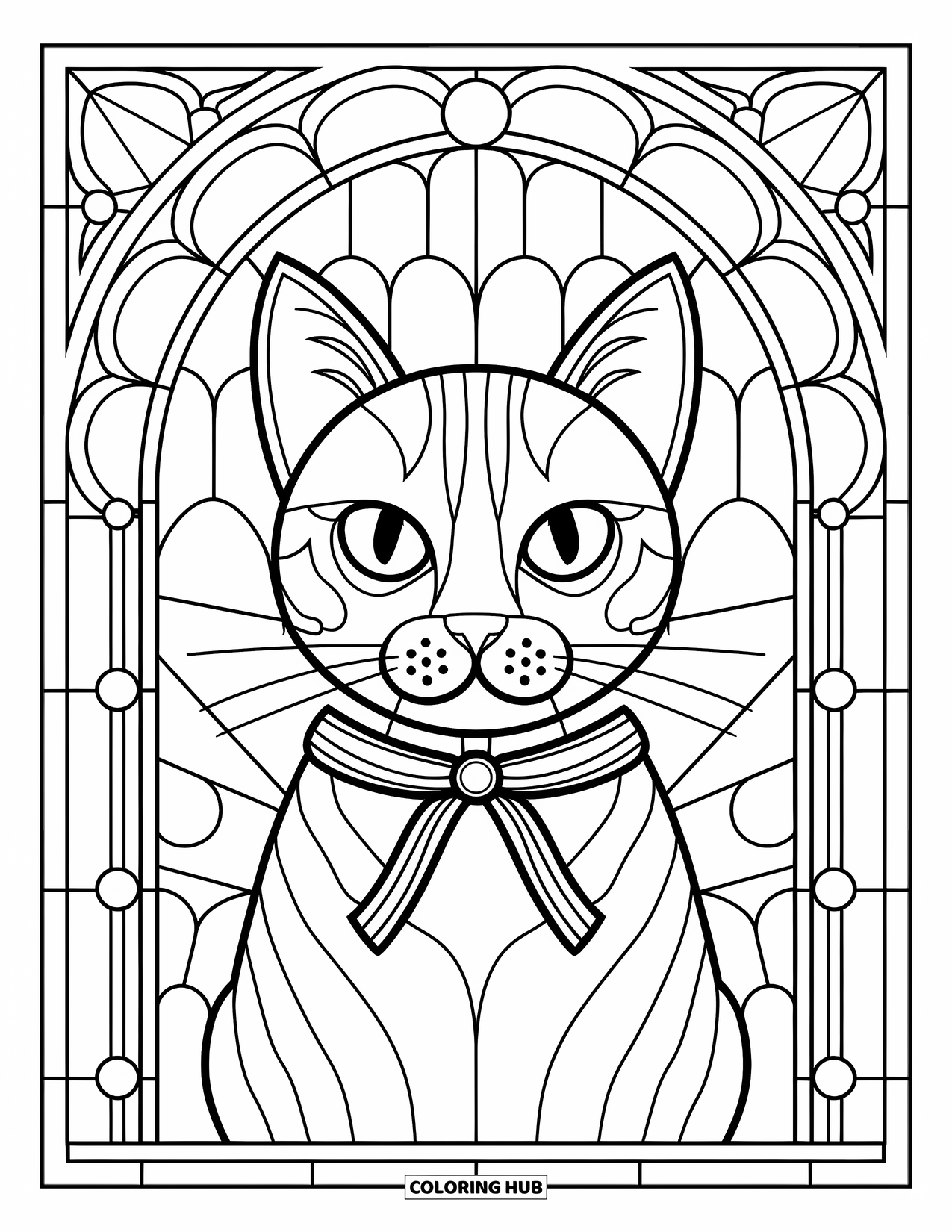 Preppy Halloween Coloring Page for Adults: Cat with a ribbon collar sitting beneath stained glass arches and leafy patterns
