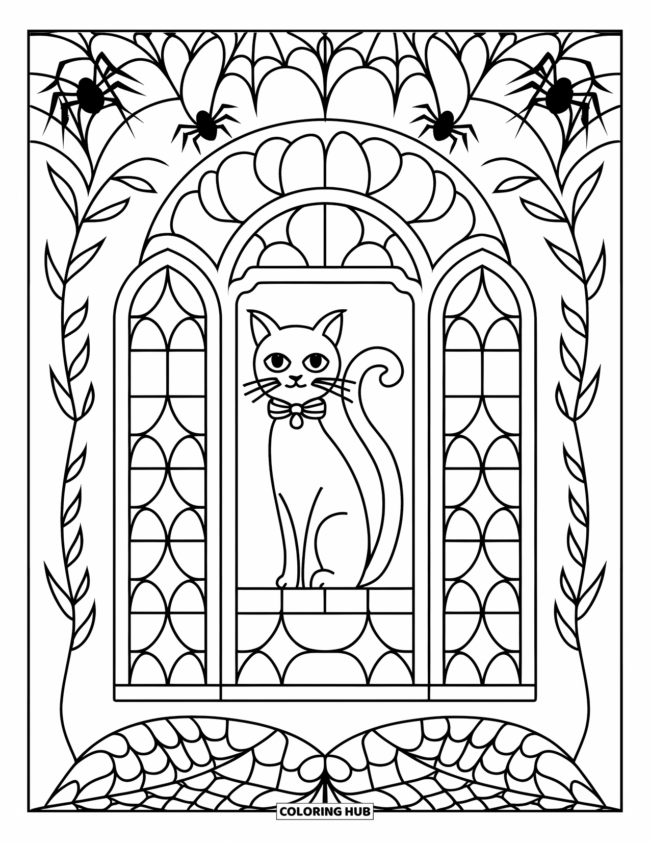 Preppy Halloween Coloring Page for Adults: Cat with ribbon collar framed by leafy vines, spiders, and stained glass arches