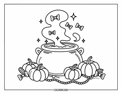 Preppy-Halloween-Ausmalbild für Erwachsene: Ein Hexenkessel mit rauchigen Sternen, Schleifensüßigkeiten und einem warmen Preppy-Halloween-Flair