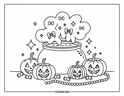 Preppy-Halloween-Ausmalbild für Erwachsene: Ein niedlicher Hexenkessel mit Rauch in Schleifen- und Sternform, umgeben von Halloween-Leckereien