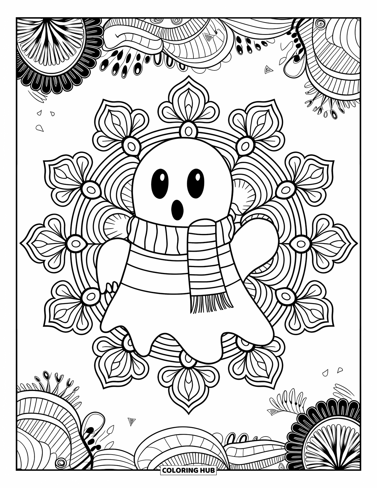 Preppy Halloween Coloring Page for Adults: Ghost in a striped sweater and scarf surrounded by fancy floral mandala patterns