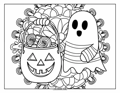 Preppy-Halloween-Ausmalbild für Erwachsene: Ein Gespenst im gestreiften Pullover hält einen Süßigkeiteneimer, eingerahmt von floralen Wirbel-Mustern