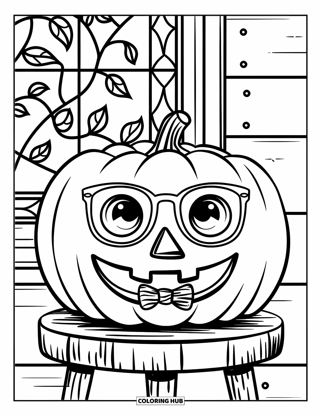 Preppy Halloween Coloring Page for Adults: Jack-o'-lantern with glasses and bowtie sitting on a stool beneath a leafy window