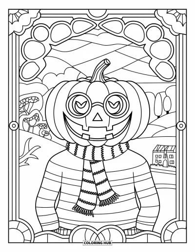 Preppy-Halloween-Ausmalbild für Erwachsene: Ein Kürbis im gestreiften Pullover und mit Brille, eingerahmt von Buntglas und sanften Hügeln