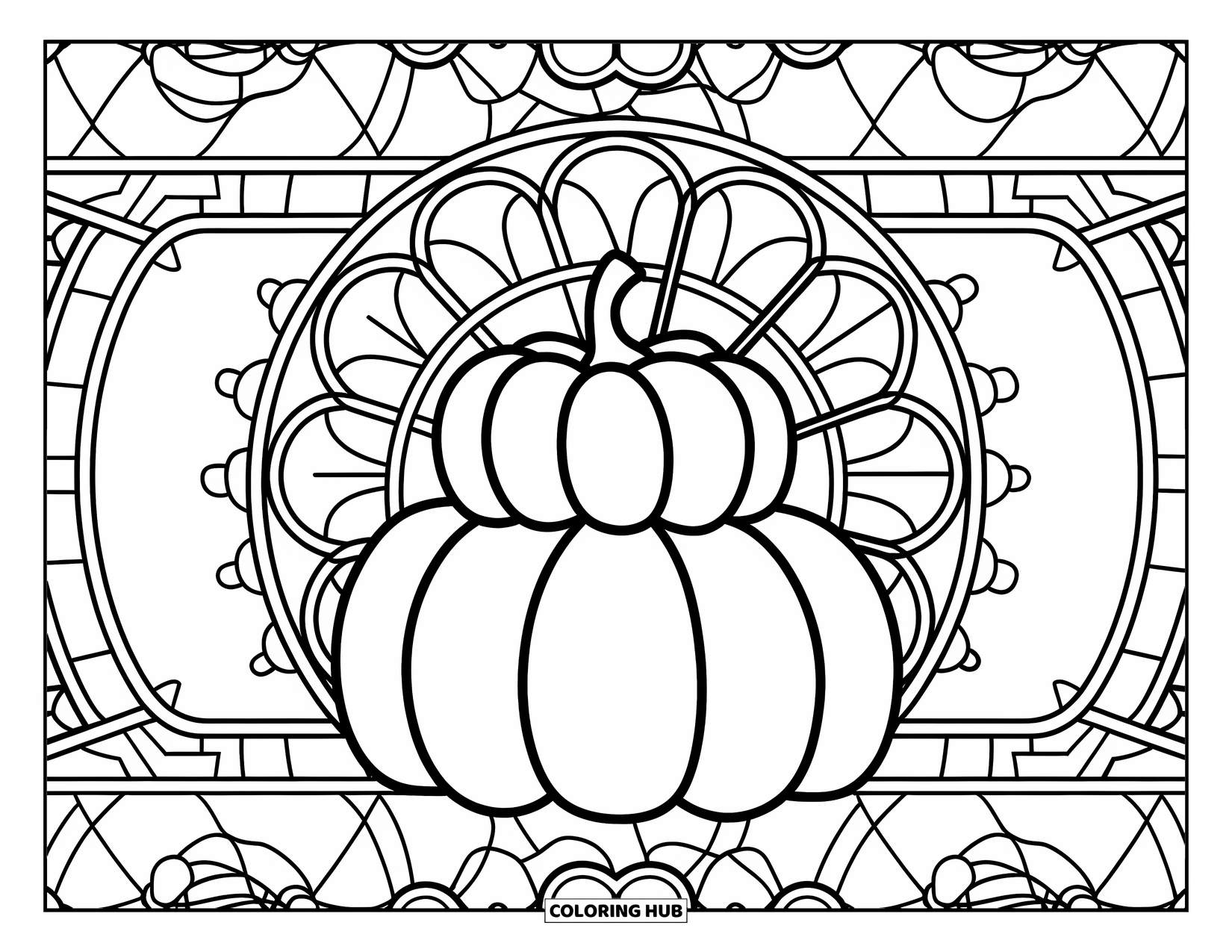 Preppy Halloween Coloring Page for Adults: Pumpkin stack with preppy designs framed by circular stained glass patterns and leafy details