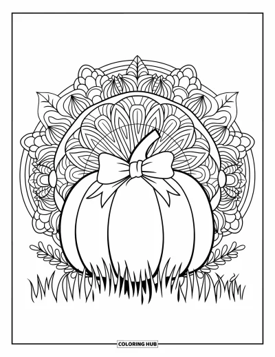 Preppy-Halloween-Ausmalbild für Erwachsene: Ein Kürbis mit Schleife sitzt auf einem blumenreichen Feld, eingebettet in einen blättrigen Mandala-Ring