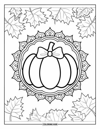 Preppy-Halloween-Ausmalbild für Erwachsene: Ein Kürbis mit Schleife und floralem Mandala, umgeben von wirbelnden Herbstblättern