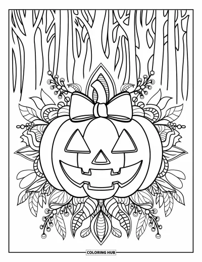 Preppy-Halloween-Ausmalbild für Erwachsene: Ein Kürbis mit Schleife obenauf, eingerahmt von einem blättrigen Mandala und hohen Waldbäumen