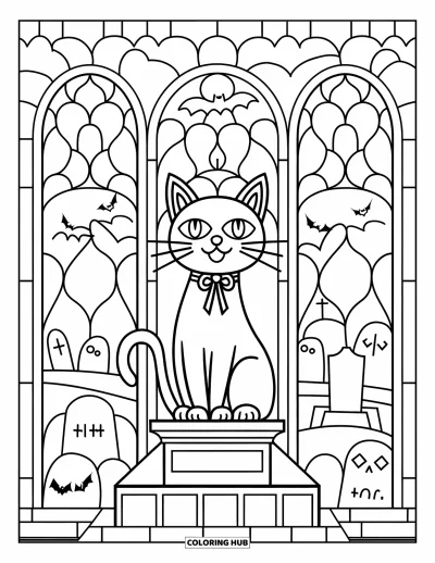 Preppy-Halloween-Ausmalbild für Erwachsene: Eine Katze mit Bändern auf einem Podest, eingerahmt von Bögen und Grabsteinen auf einem gruseligen Friedhof