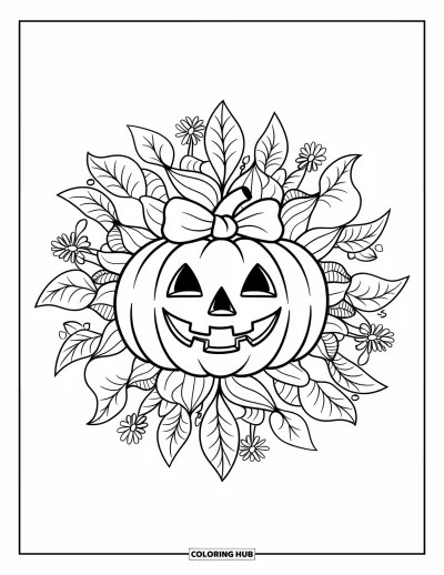 Preppy-Halloween-Ausmalbild für Erwachsene: Ein lächelnder Kürbis mit niedlicher Schleife, umgeben von blättrigen und floralen Mandala-Details