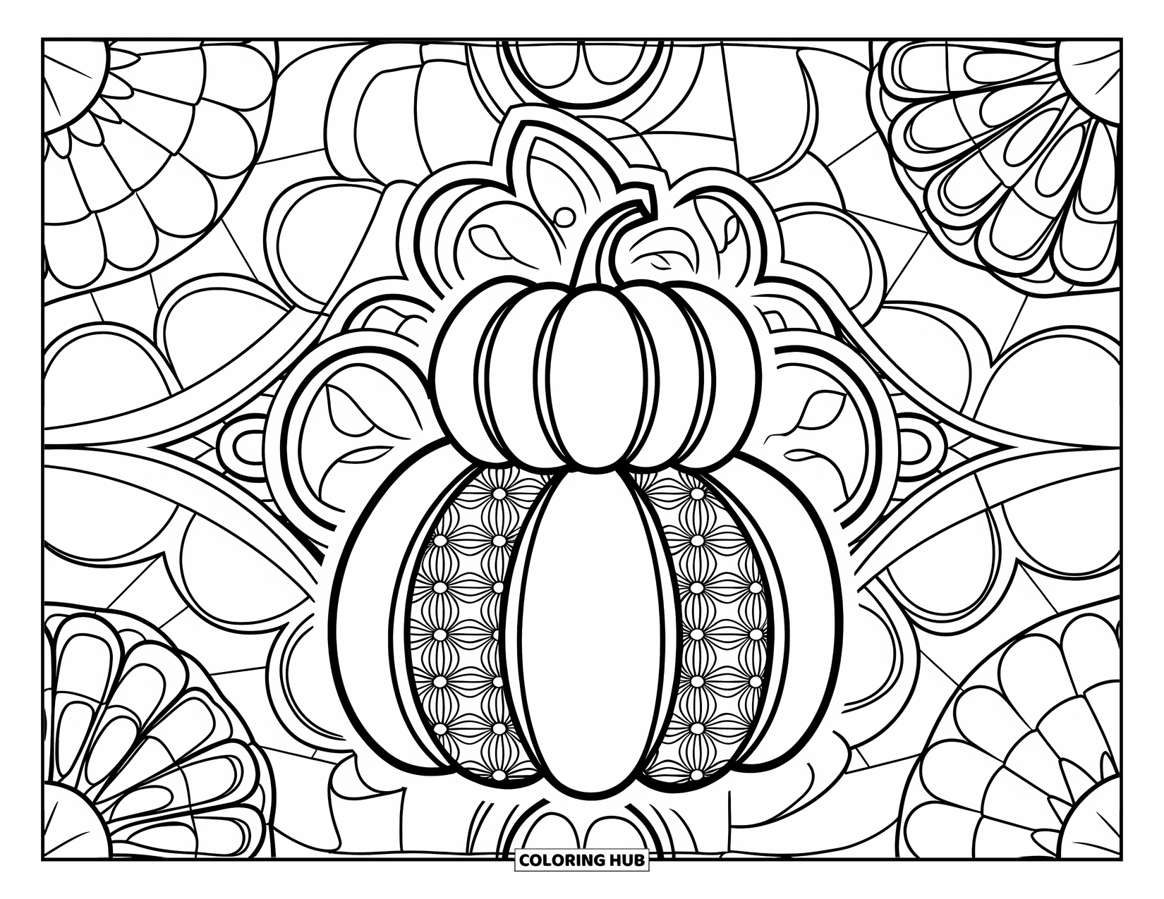 Preppy Halloween Coloring Page for Adults: Stack of patterned pumpkins surrounded by stained glass circles and a decorative wall