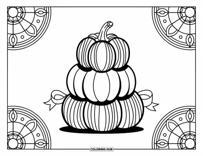 Preppy-Halloween-Ausmalbild für Erwachsene: Ein gestapelter gestreifter Kürbis-Turm mit Schleife, umgeben von Buntglas-artigen Kreisdesigns