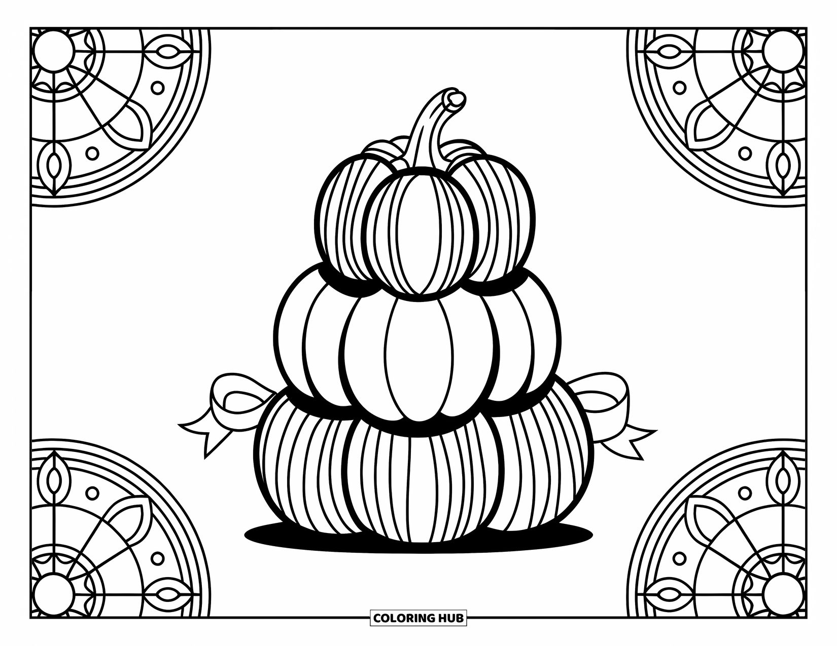 Preppy Halloween Coloring Page for Adults: Striped pumpkin stack tied with a ribbon, surrounded by stained glass-style circular designs