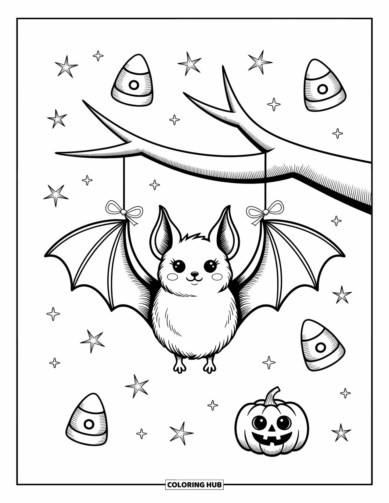 Preppy Halloween Coloring Page for Adults: Three pumpkins with twine, silk, and velvet bows surrounded by stars and acorns