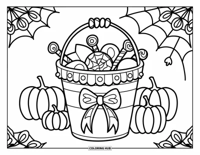Preppy-Halloween-Ausmalbild für Erwachsene: Ein Halloween-Eimer mit Schleife, umgeben von Süßigkeiten, Kürbissen und floralen Wirbeln