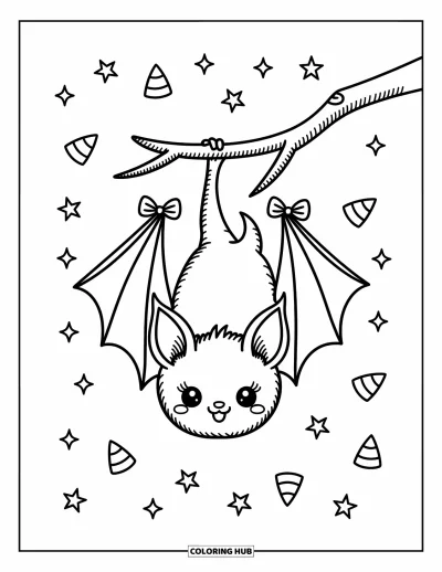 Preppy-Halloween-Ausmalbild für Erwachsene: Eine verspielte Fledermaus hängt mit kleinen Schleifen an den Flügeln, umgeben von Sternen und Süßigkeiten