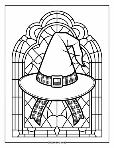 Preppy-Halloween-Ausmalbild für Erwachsene: Ein Hexenhut mit kariertem Band, zentriert in einem ordentlichen, symmetrischen Buntglas-Design