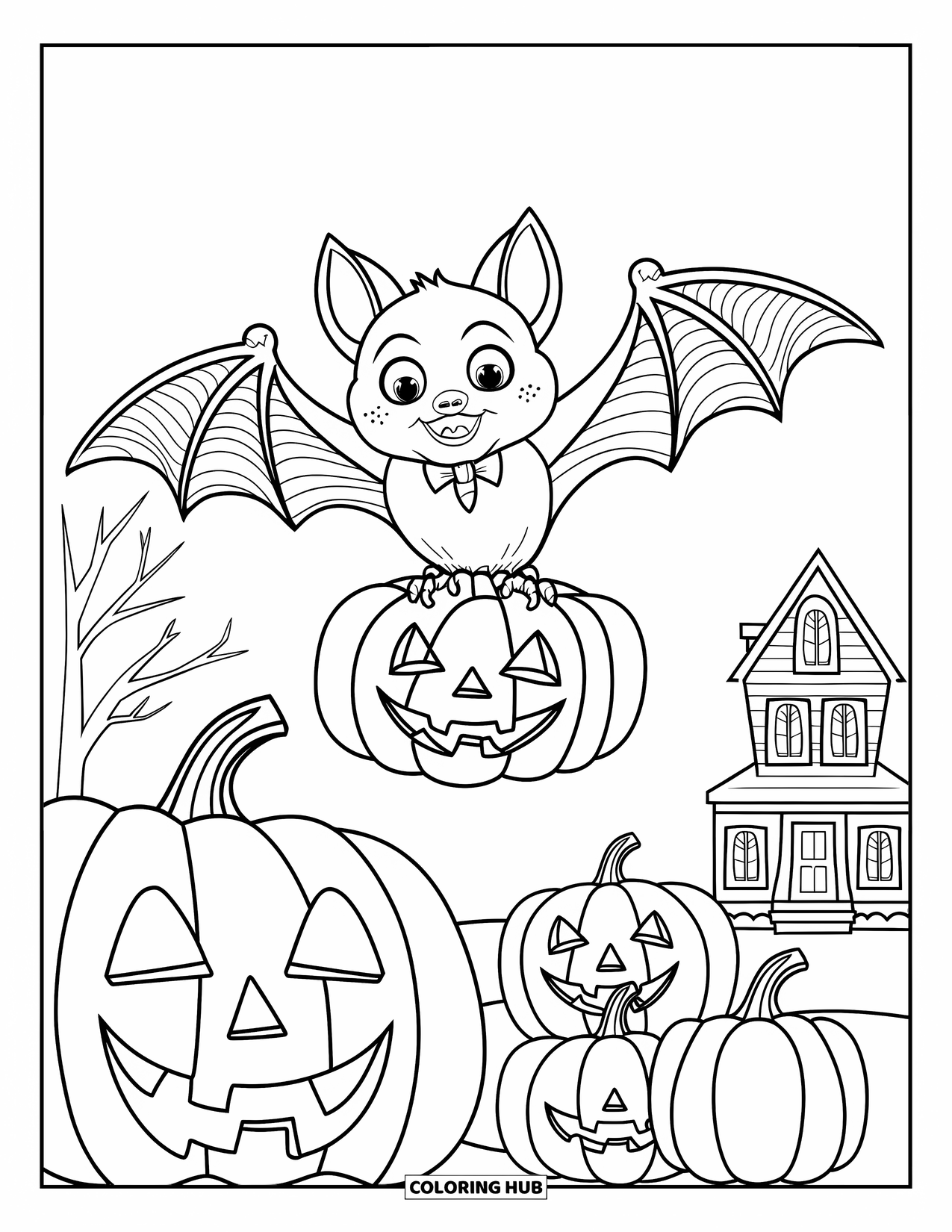 Preppy Halloween Coloring Page for Kids: Bat clutches a pumpkin as it flies over a spooky house and trees