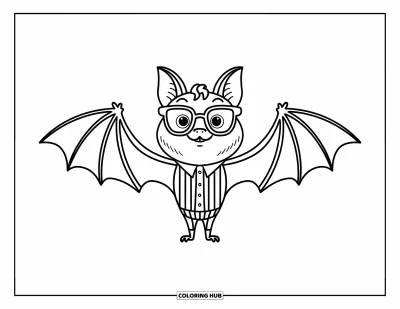 Preppy-Halloween-Ausmalbild für Kinder: Eine Fledermaus mit Brille breitet ihre Flügel in einer lässigen Preppy-Pose aus