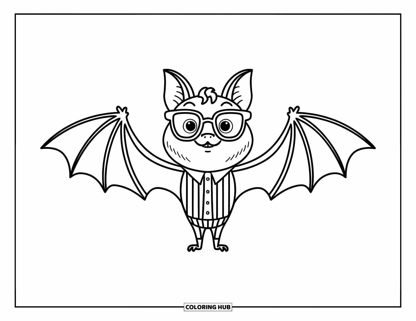 Preppy Halloween Coloring Page for Kids: Bat in glasses spreads its wings in a cool preppy pose