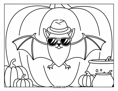 Preppy-Halloween-Ausmalbild für Kinder: Eine Fledermaus mit Sonnenbrille und Hut breitet die Flügel über Kürbislaternen und einem Hexenkessel aus