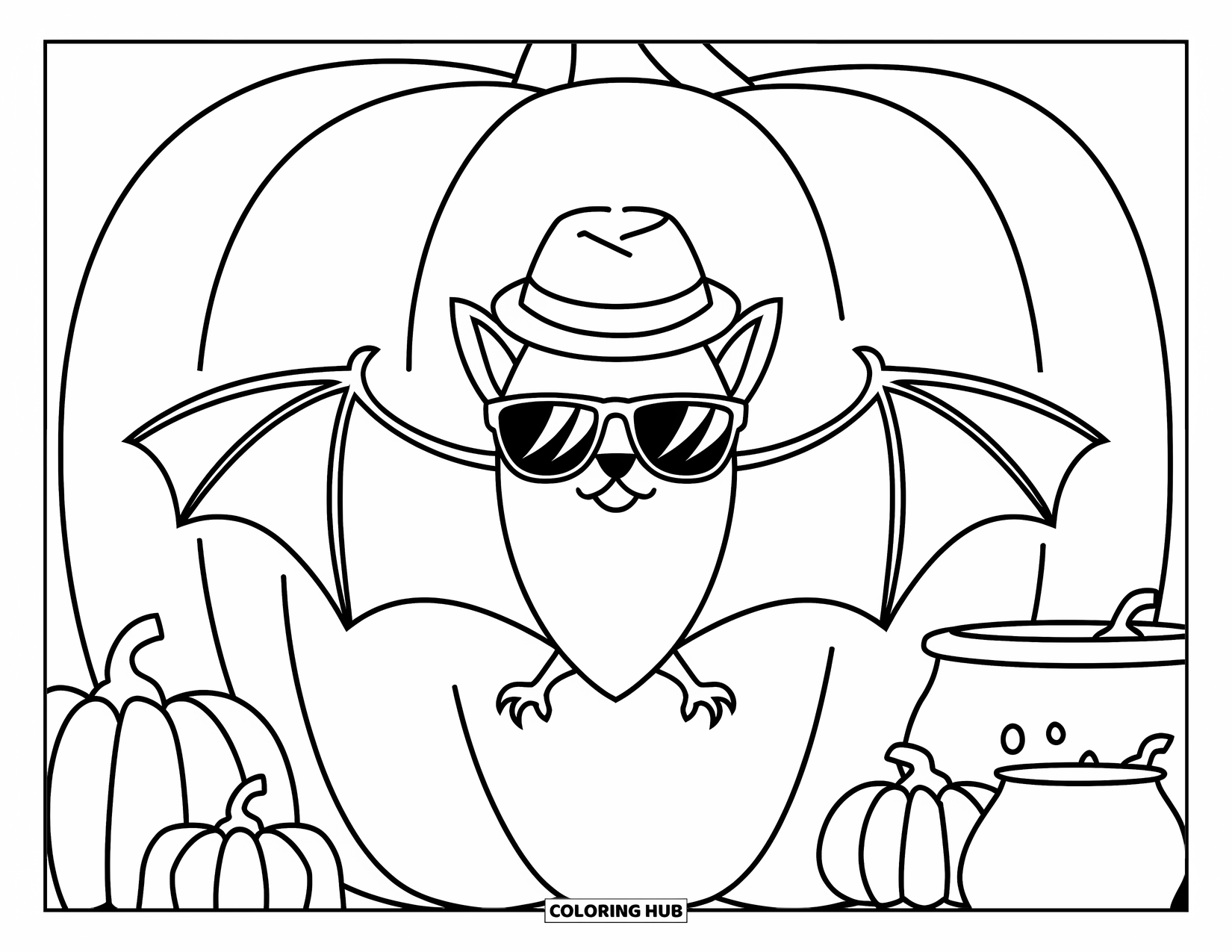 Preppy Halloween Coloring Page for Kids: Bat in shades and a hat spreads wings above jack-o'-lanterns and a cauldron